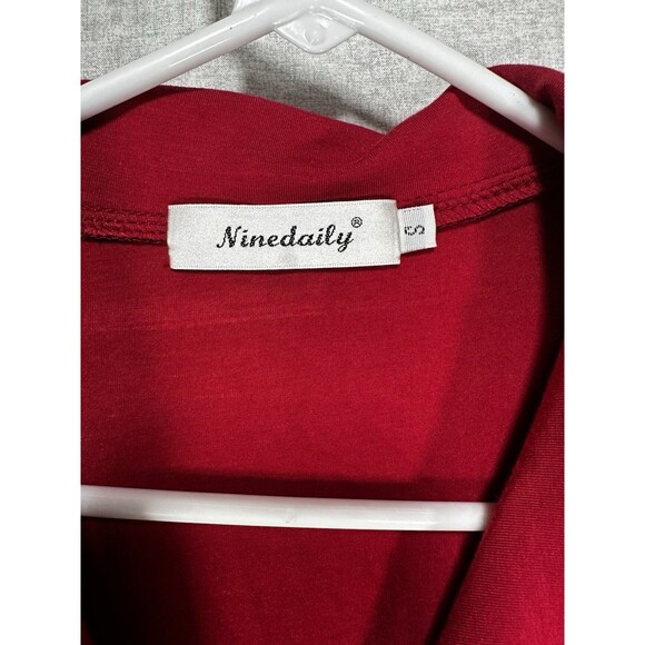 Ninedaily Women Large Knit Top Shirt Tunic Red Long Sleeve Lapel V Neck Rayon Sm - Picture 2 of 6